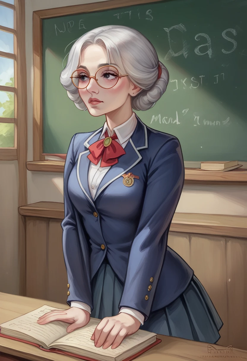 "An elderly female teacher with short, silver hair styled neatly, wearing a classic navy-blue blazer over a white blouse and a long, pleated skirt. She stands in front of a traditional classroom with a wise and calm expression, looking directly at the camera. Her posture is dignified and composed, with one hand resting gently on a wooden cane and the other holding a pair of reading glasses. The classroom behind her has an old-fashioned charm, with wooden desks, a chalkboard filled with handwritten notes, and shelves lined with well-worn books, reflecting her years of experience and deep knowledge." visual novel character