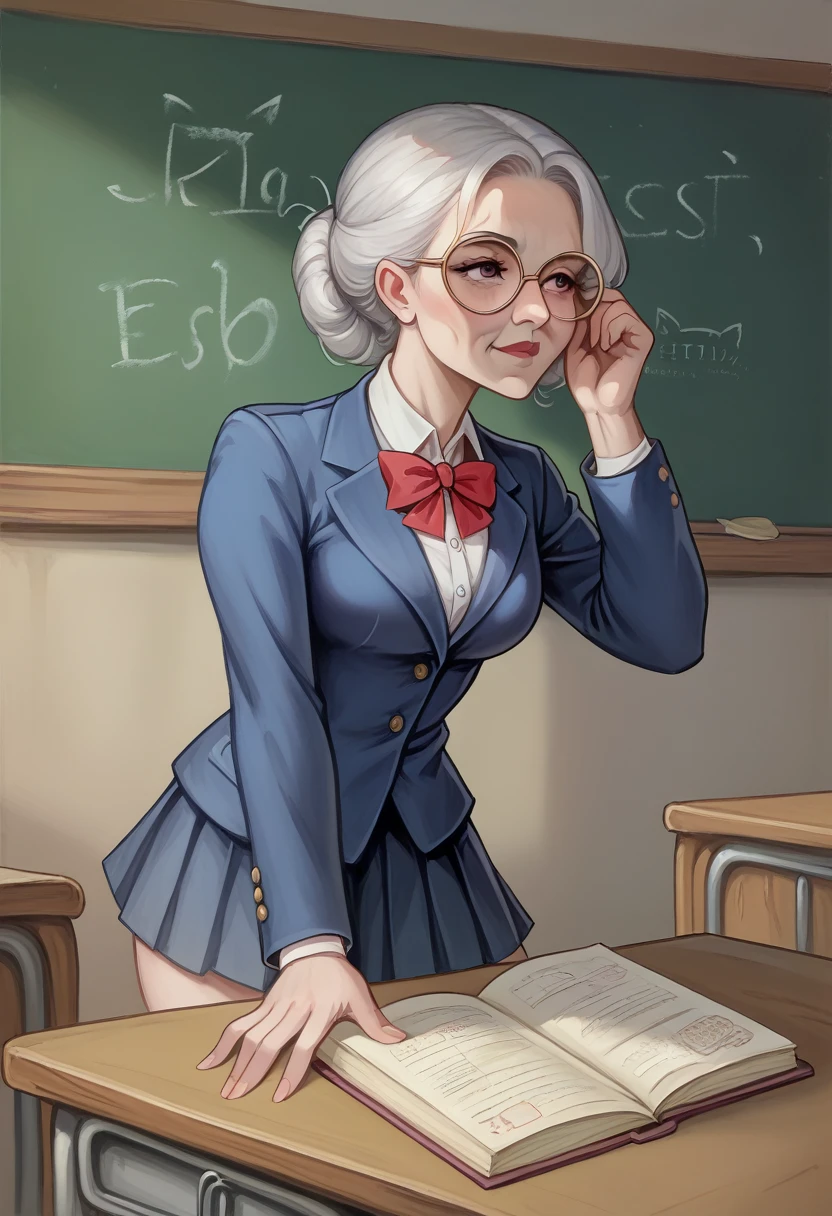 "An elderly female teacher with short, silver hair styled neatly, wearing a classic navy-blue blazer over a white blouse and a long, pleated skirt. She stands in front of a traditional classroom with a wise and calm expression, looking directly at the camera. Her posture is dignified and composed, with one hand resting gently on a wooden cane and the other holding a pair of reading glasses. The classroom behind her has an old-fashioned charm, with wooden desks, a chalkboard filled with handwritten notes, and shelves lined with well-worn books, reflecting her years of experience and deep knowledge." visual novel character