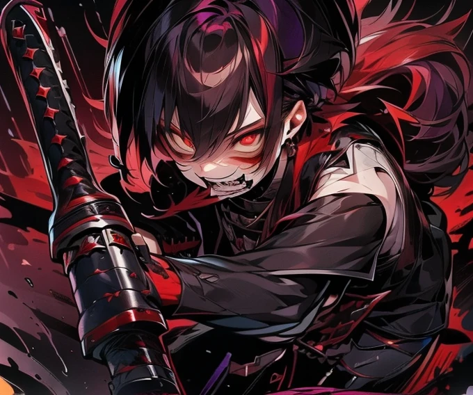 A boy , with fluffy hair , very dark purple hair ,Red eyes , wear a formal sleeveless vest , black color , Black pants , Moccasin shoes , He has a knife in his hand , blood , a crazy expression of love, psychopath 