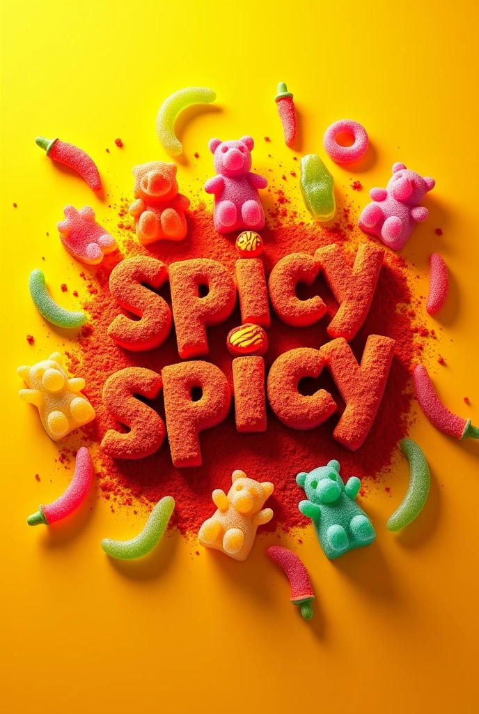 A fun and vibrant logo design for a spicy candy brand, featuring gummy candies covered in chili powder. The logo should include colorful gummy shapes like bears, worms, and rings, all with a dusting of red chili powder. The background is bright and festive with splashes of yellow and orange, evoking a sense of heat and spice. The brand name is written in bold, playful lettering with a fiery effect, emphasizing the spicy flavor of the candies. The overall design is energetic and eye-catching, appealing to a youthful audience.