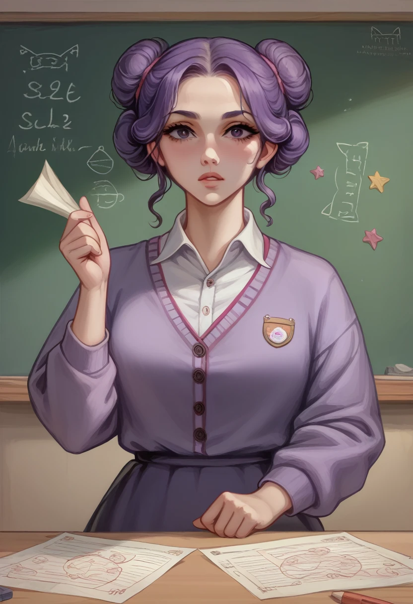 "A large, heavyset female teacher with curly, graying hair pulled back into a loose bun, wearing a patterned purple dress with a matching cardigan. She stands confidently in front of a classroom with a warm and approachable expression, looking directly at the camera. Her posture is sturdy and self-assured, with one hand resting on her hip and the other holding a stack of papers. The classroom behind her is vibrant and organized, with colorful decorations, a chalkboard filled with lesson plans, and students' artwork displayed on the walls, reflecting her nurturing and inclusive teaching style." visual novel character