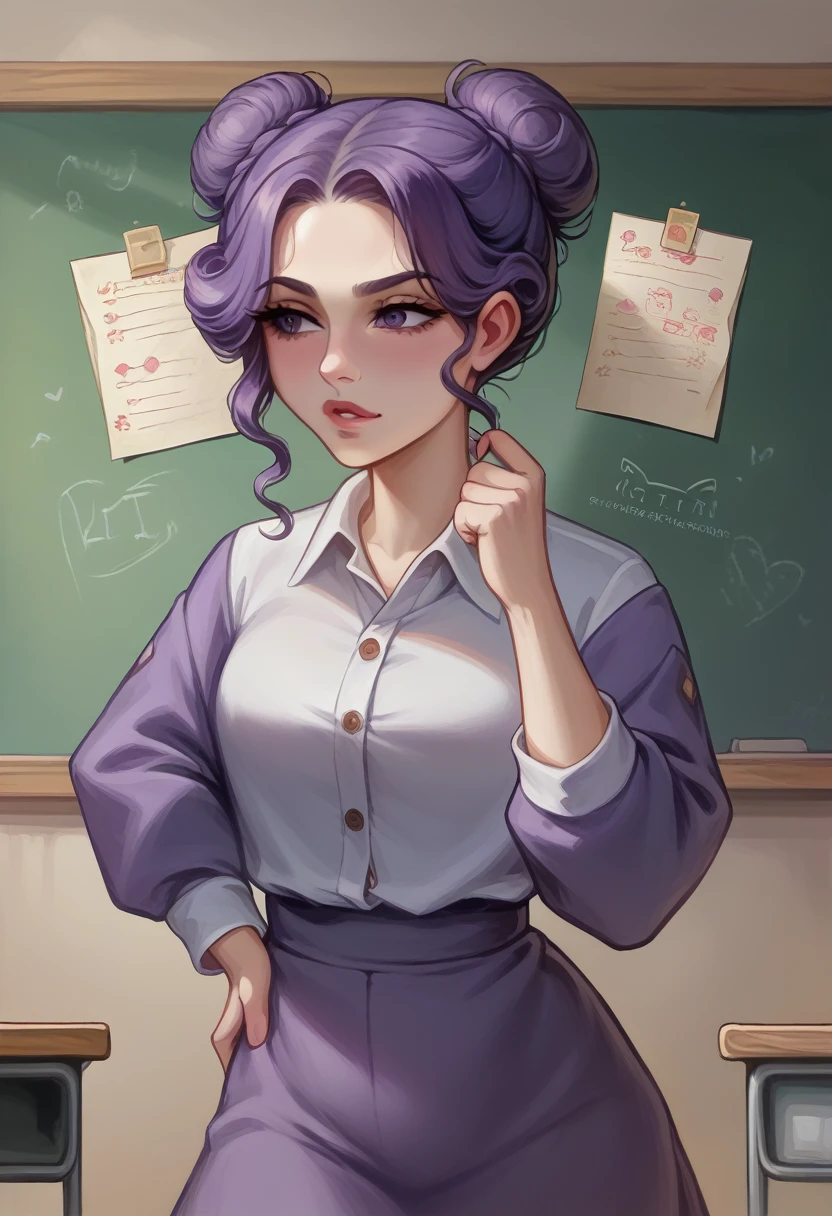 "A large, heavyset female teacher with curly, graying hair pulled back into a loose bun, wearing a patterned purple dress with a matching cardigan. She stands confidently in front of a classroom with a warm and approachable expression, looking directly at the camera. Her posture is sturdy and self-assured, with one hand resting on her hip and the other holding a stack of papers. The classroom behind her is vibrant and organized, with colorful decorations, a chalkboard filled with lesson plans, and students' artwork displayed on the walls, reflecting her nurturing and inclusive teaching style." visual novel character