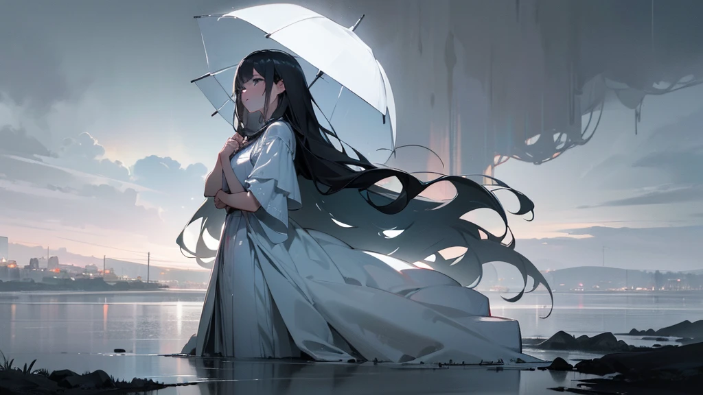 a young woman with long beautiful hair, hypnotized, lost in deep thought, vulnerable, sorrowful expression, wearing a white dress, in a gloomy, rainy landscape, dramatic cloudy sky, moody, emotional, (best quality,4k,8k,highres,masterpiece:1.2),ultra-detailed,(realistic,photorealistic,photo-realistic:1.37),digital painting, cinematic lighting, muted colors, melancholic, emotional