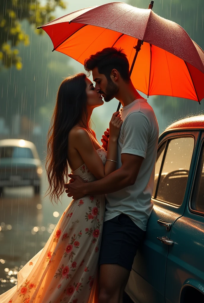 a Brazilian couple leaning against the car kissing, with the woman holding an umbrella in her hand in a rainy weather. she is wearing a long flowery dress, and he's in shorts and a white shirt, She has long, straight, brown hair that reaches her waist and he has short, black hair that is parted to the side and has no beard..
