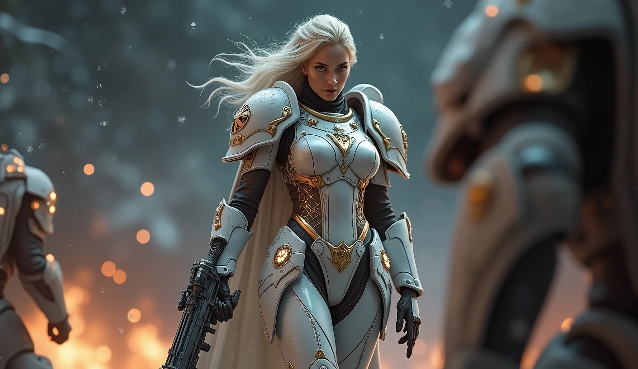 full body pose of a a beautiful woman shoting at the enemy with long platinum blonde hair, porcelain skin, ice blue eyes, sexy sisters of battle from the warhammer 40k, shooting at the enemy, rwhite space marine armor with intricate details, religous symbols on the armor, sisters of battle, warhammer 40k, Massive silicone breast, pale skin, seductive, temptation, eat your soul, clevage, , standing in a magical winter wonderland with snow-covered trees and frozen lakes, intricate ice crystals and snowflakes surrounding her, (best quality,4k,8k,highres,masterpiece:1.2),ultra-detailed,(realistic,photorealistic,photo-realistic:1.37),fantasy,digital art,cinematic lighting, highly detailed armor, intricate futuristic weaponry, gritty and realistic, mecha, science fiction, hyper-detailed, photorealistic, award winning digital art, 8k, HDR, masters work, in the middle of a battle field, full body combat action pose, explosions and fire around, full war, stunning, Stilleto heels, high heels, full body pose, cinematic, dust and debree, combat screams, attacking, shooting at the enemy, sisters of battle, warhammer 40kdramatic color palette,frozen landscape,ice powers,snow queen