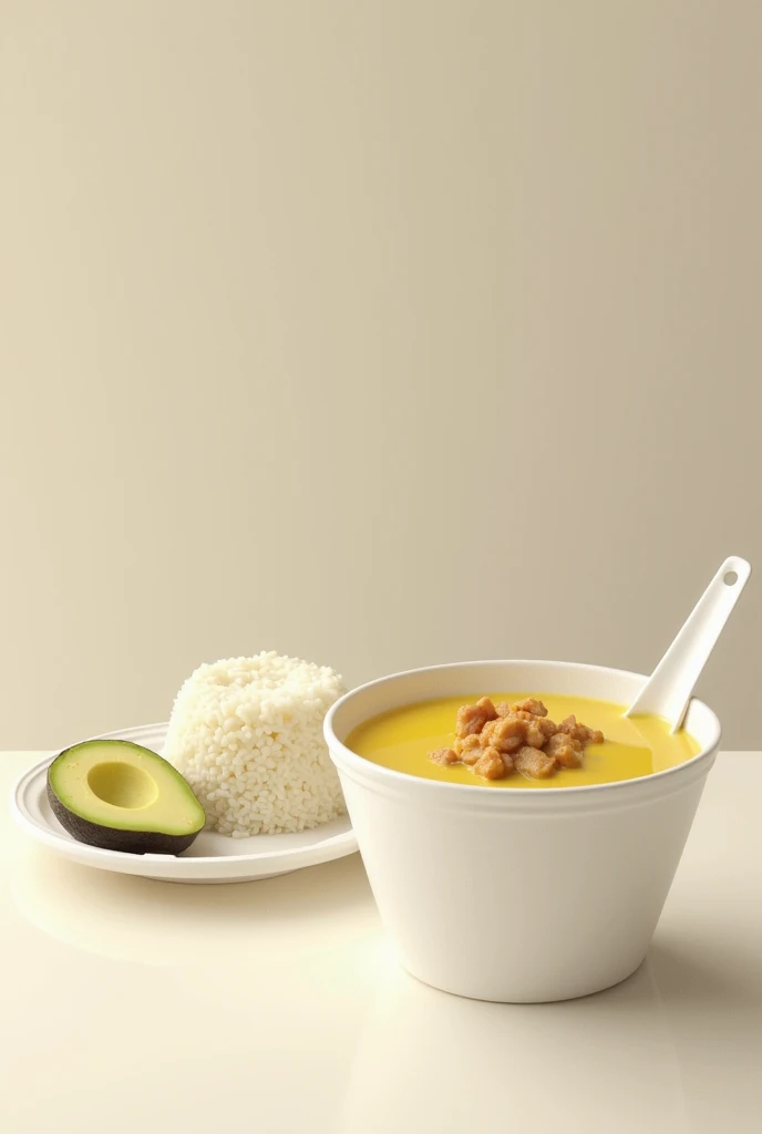 (photorealism:1.2), improve image with less chicken deep white styrofoam plate with yellow soup with only a small portion of cooked but not browned chicken on top of the soup , Next to it a separate styrofoam plate with rice and a portion of avocado. There are two separate plates, one with the soup and the other with the rice and the piece of avocado.