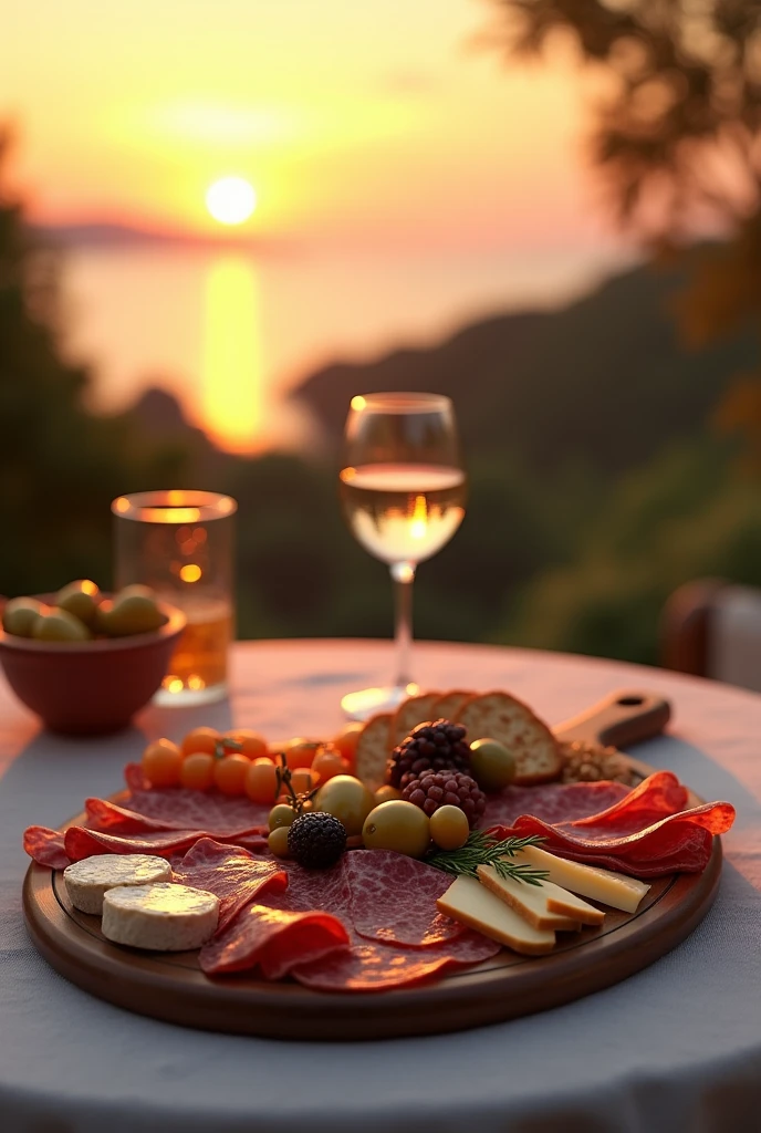 (photorealism:1.2), plateau de charcuterie sur une table extérieure, coucher de soleil