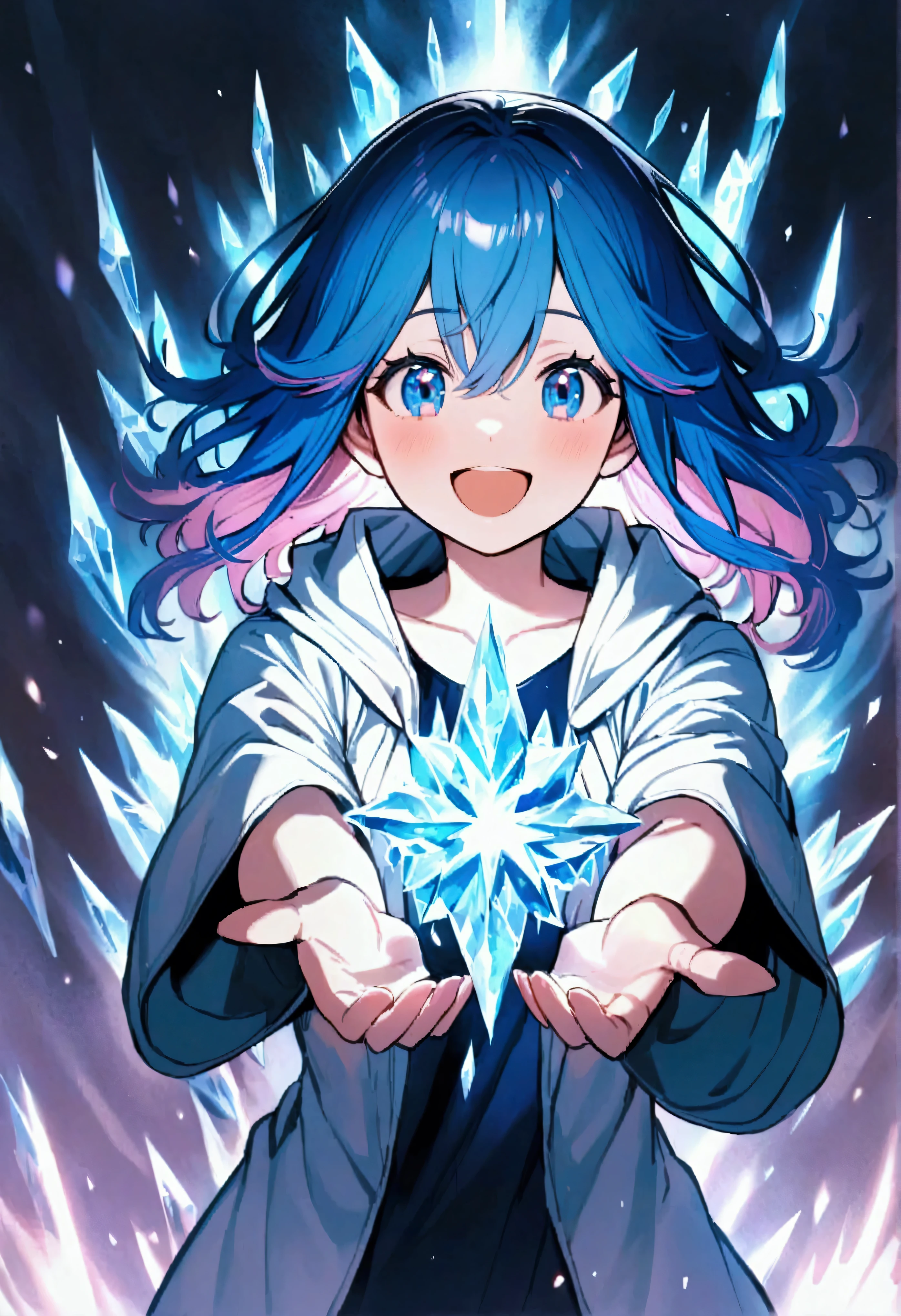 Teenage girl, tidy hair, medium length hair, multicolored pink and blue hair, excited smile, blue colored eyes, dark blue shirt, loose white short sleeve overcoat, blue tattoos on the body, aura of ice around the character