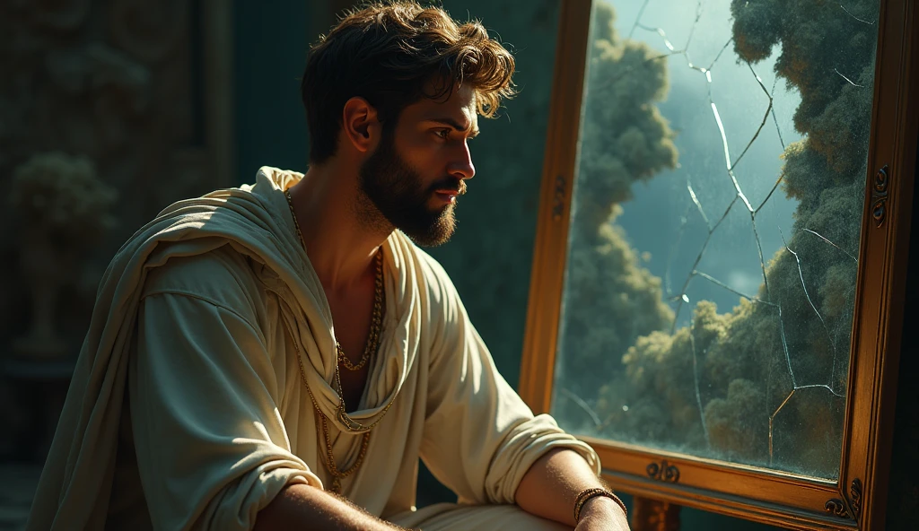 **Imagem 2: O Impacto dos Relacionamentos Tóxicos**
A young, handsome Stoic philosopher with a well-proportioned and attractive physique, sun-kissed skin, very short and well-trimmed beard, and wavy, well-styled hair. He is dressed in classic tunics in soft earthy tones - gray, brown, and olive green - with subtle gold and copper details. The scene depicts him in a reflective or practical situation, struggling with doubt or confusion caused by harmful relationships. The environment could be a darkened space or a landscape that symbolizes introspection and inner turmoil, such as a dimly lit room or a turbulent setting. He might be seated, gazing at a symbolic representation of his doubt or questioning, such as a cracked mirror or a distorted image. This scene emphasizes the psychological and emotional impact of toxic friendships, illustrating how they can lead to self-doubt and emotional distress.