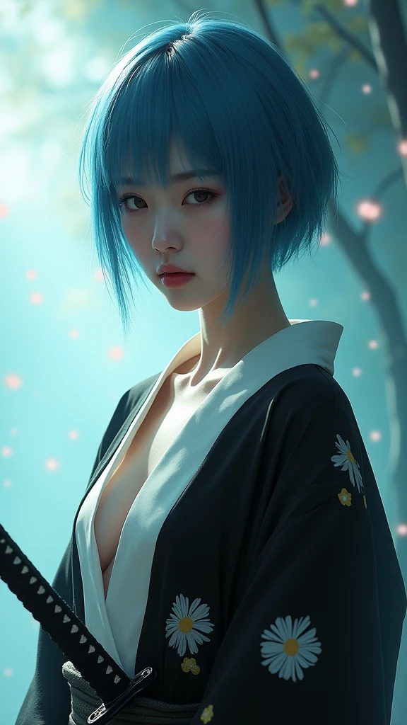 A Korean woman with short, blue hair, a beautiful face showing her cleavage, wearing a black and white yukata , (holding a katana:1.2), surrealistic style, pastel tones, mid shot, dramatic light.