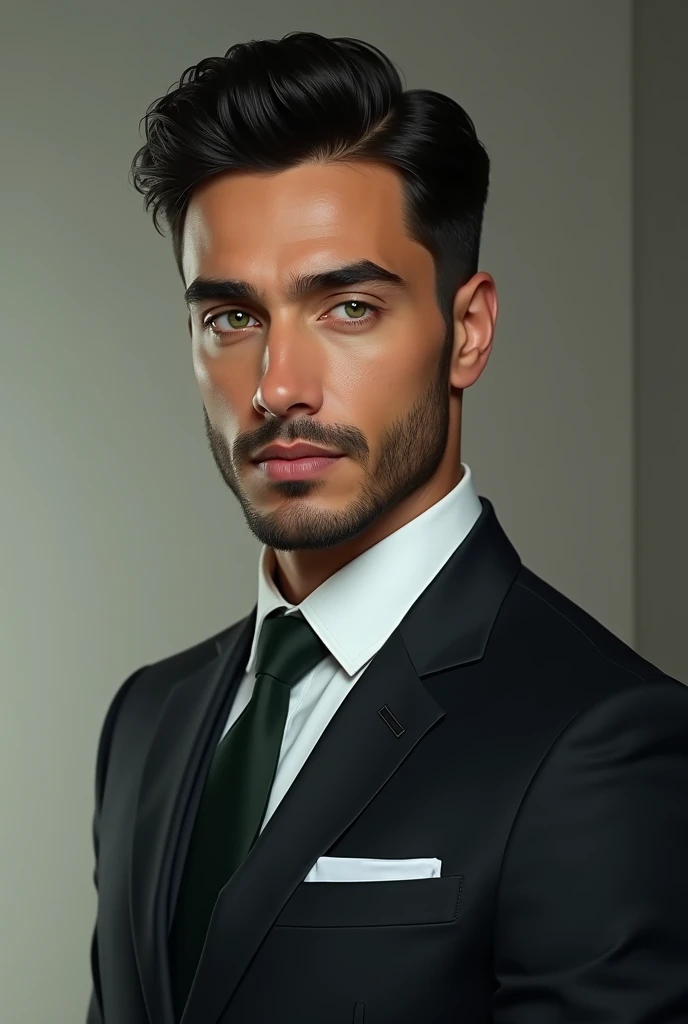 Muslim man in suit , Asian descent , by rubio, green eyes, body to the Korean beauty standard of men