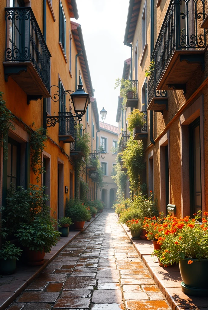 Narrow cobblestone street wet from rain next to tall old houses in front of pots with flowers on a sunny day in Europe 3D