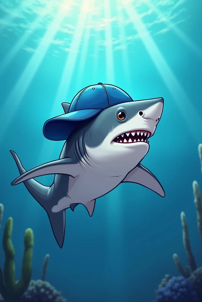 Create drawing images of a shark with a blue cap