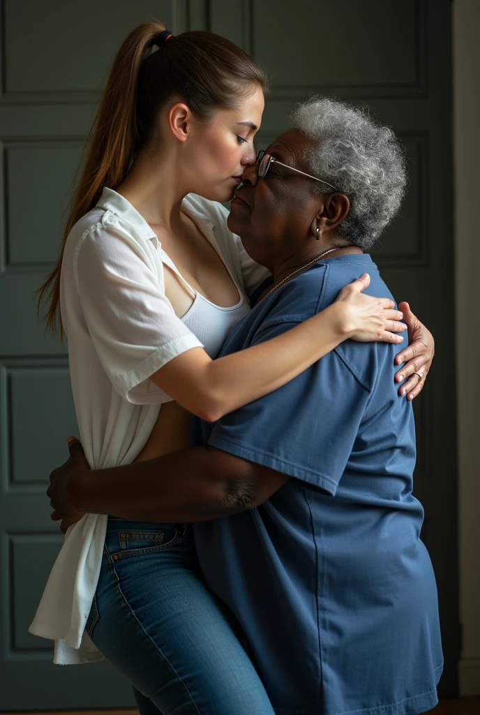 Create a photo of a 30 year old young white woman, with a slender and beautiful body, with hoop earrings, wearing jeans and an open white shirt without a bra with bare breasts, with white and clear skin, with long light brown hair tied in a ponytail and being picked up and carried in the arms of a 90-year-old elderly black lady, obese woman who has dark black skin and is wearing a blue dress and glasses