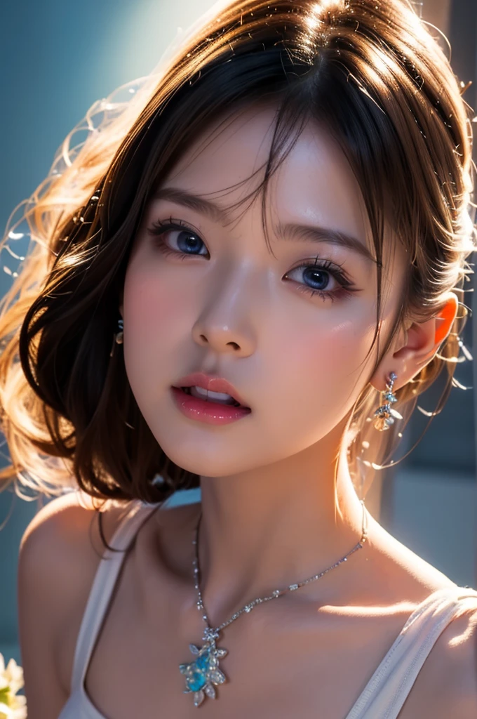 masterpiece, Best Quality, illustration, blue saxophone, Platinum earrings, platinum necklace, White dress, 1 girl, Beautiful, (dynamic lighting:1.2), cinematic lighting, delicate facial features, detailed eyes, sharp pupils, Realistic students, depth of field, bokeh, sharp focus, (hyperdetailed, bloom, glow:1.4), many little gems