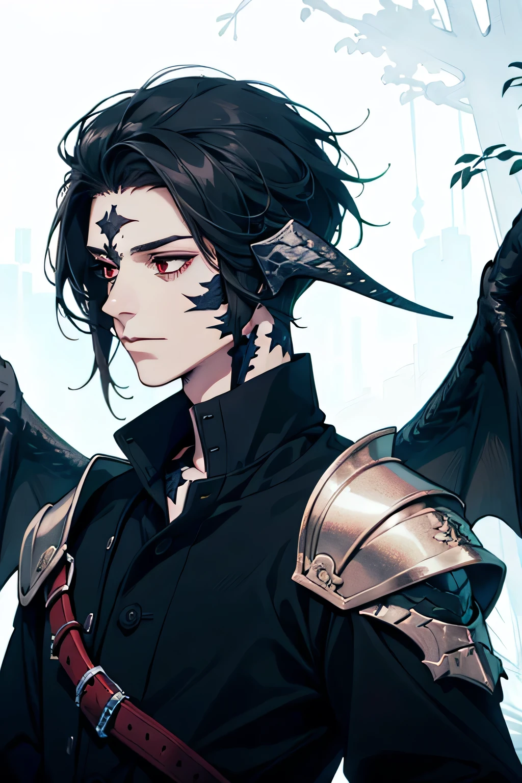 man, tall, red eyes, dragon man, dragon horns, black scales, slick back hair, black hair, dragon tail, black au ra, wings, armor