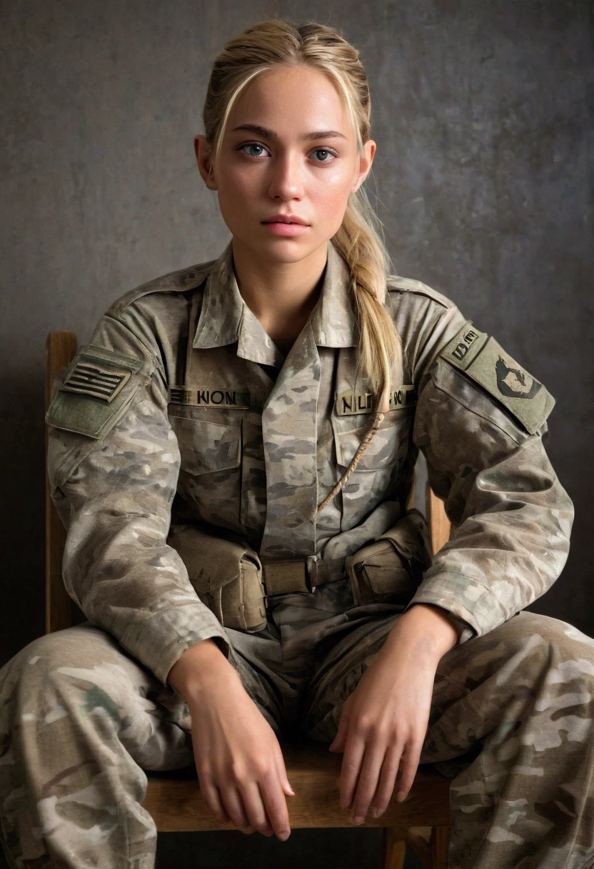 Photorealistic. 20 year old female soldier, slender and thin, bust size 32e, Her hair is blonde and combed in a ponytail, Her face is beautiful and symmetrical. He is wearing a desert camouflage military uniform., Military camouflage pants and military camouflage shirt., The girl is tied to a chair as a prisoner, Your clothes look dirty, She is tied with a rope to a chair in a dark, sandy room where only light comes in from a window.. Anti-Aliasing Ultra High, intricate detail, art station, Virtual Engine, DOF, Super resolution, megapixel, FKA, THAI, rtx, SSAO, Post-processing, Post-production, Tone Mapping, cgi, VFX, SFX, Crazy detail and complexity, ultra realistic Ultra Detail, super detail, realistic, ultra realistic, Unreal Engine, 8k, masterpiece, best quality, Ray Tracing, depth of field, cinematic lighting, octane rendering, clear focus, anatomy, Ultra-realistic skin texture, high-detail eyes, from above view, --AR 3:2.
