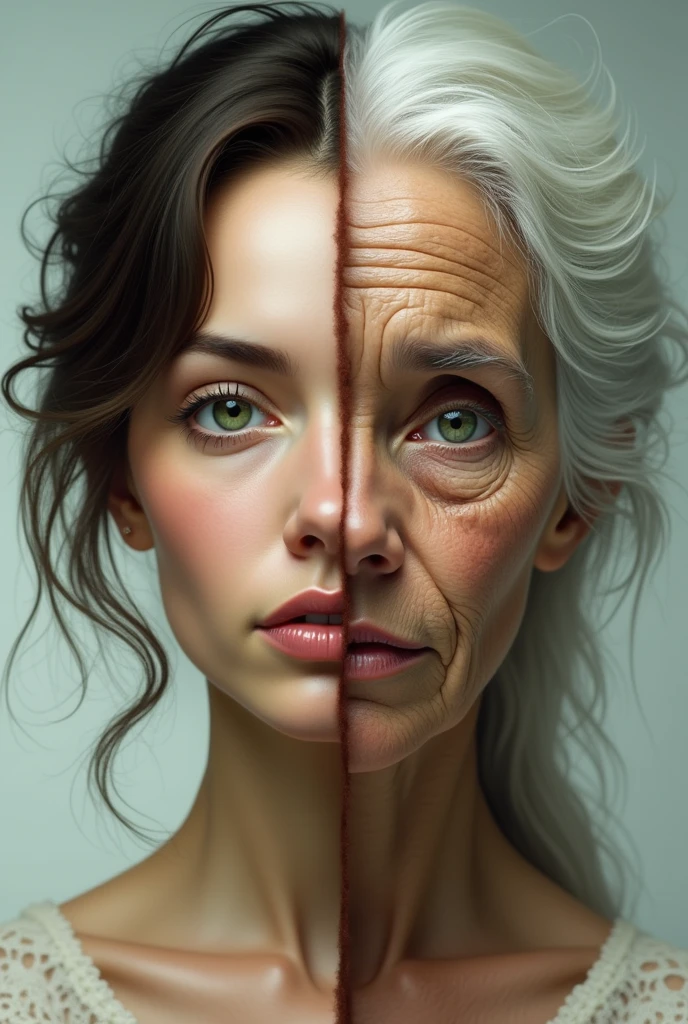 Face of a beautiful green-eyed woman with half the face of an old woman
