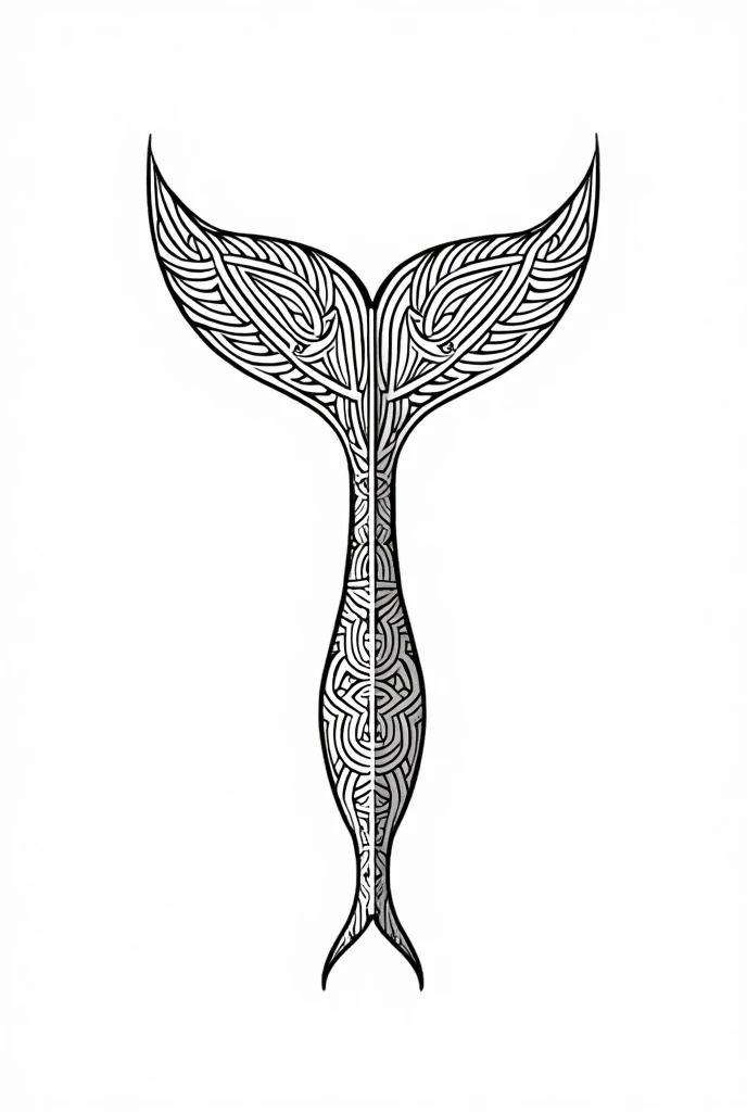 Dessin queue de baleine vu de dessus ligne claire et simple. A l'intérieur une moitié motifs Maori en aplats , l'autre moitié noeuds celtes, dessin viking, lignes claires visuel simple et lisible noir et blanc