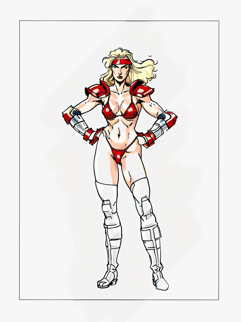 warrioress,blonde,red boots,red bikini red shoulder pads,karate headband, high resolution, precise, best qualityer,