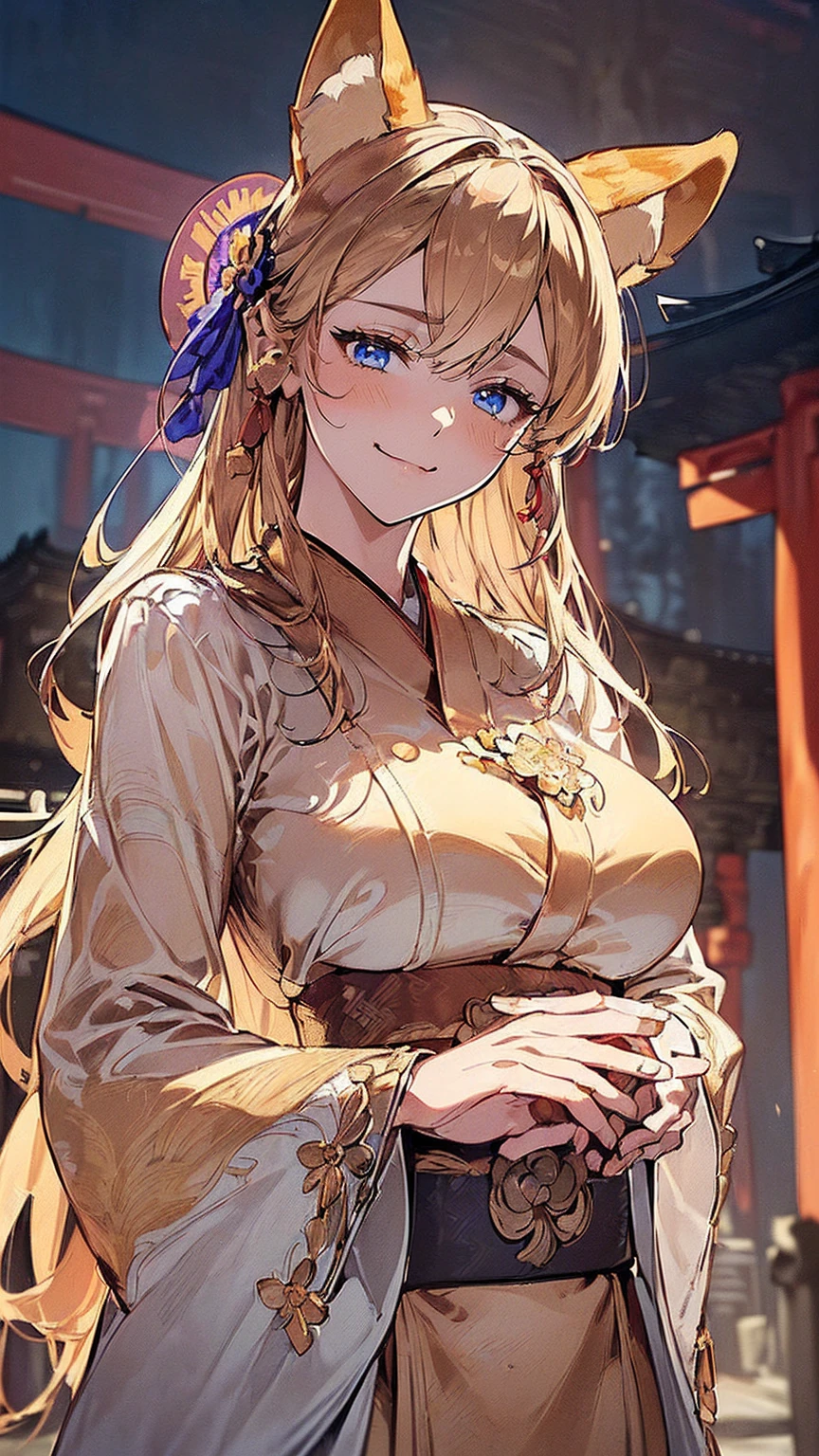(((masterpiece))), (((Highest quality))), ((Very detailed)), ((Ultra-fine illustrations)), ((Ultra-fine painting)), (16K Highest qualityの壁紙:1.4), (Upper Body:1.6), High resolution, (Very fine and delicate illustration style:1.8), Detailed skin texture, Detailed cloth texture, Very detailed説明, (Tmasterpiece), (Very detailed顔:1.4), (Very detailed fox ears:1.2), (Very detailed and beautiful (golden brown:1.4) Half Up:1.2), (Very detailed and beautiful blue eyes:1.2), original, RAW Photos, Professional, Intricate details, Super Details, (Perfect Anatomy:1.4), (Extremely elaborate hands:1.2), (Very elaborate fingers:1.2), (Very detailed指先:1.2), (Age 27), Genuine, (alone:1.8), ((A very beautiful and charming fox fashion model:1.4)) brake (Beautiful and adorable fox ears:1.6), (Very fine and delicate fox ears:1.4), (Beautiful and well-shaped big breasts:1.2), (Beautiful and shapely butt), (Shining beautifully (golden brown:1.2) Half Up:1.4), (Very fine and delicate (golden brown:1.2) Half Up:1.2), (Beautiful clear blue eyes:1.6), (Very fine and delicate blue eyes:1.2), (Very detailed顔:1.4), (smile:1.5), (blush:1.4), (View your viewers:1.4), (celebration:1.4) brake ((bright red:1.3) Floral furisode:1.4), (Japanese traditional clothing:1.2) brake (Concept Art:1.2) brake ((Very fine and delicate Ise Grand Shrine in Mie Prefecture in the background just after noon:1.6), (celebration:1.4), Torii gate of Ise Jingu:1.4, Very beautiful against the clear sky after noon.:1.4) brake 