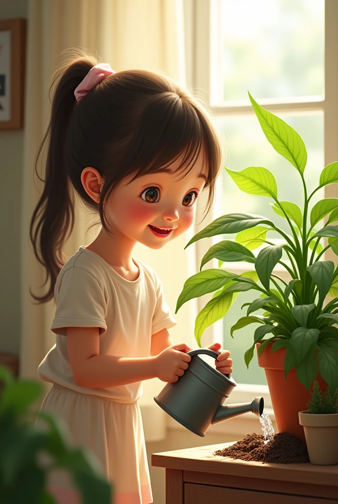 Daughter watering plant