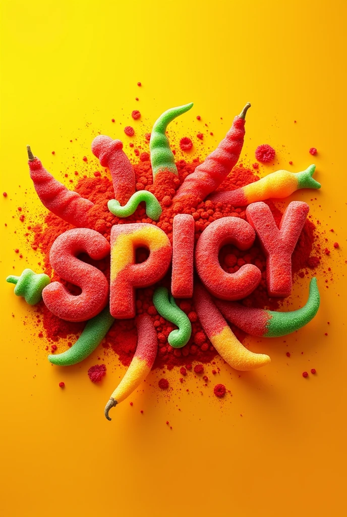 A fun and vibrant logo design for a spicy candy brand, featuring gummy candies covered in chili powder. The logo should include colorful gummy shapes like bears, worms, and rings, all with a dusting of red chili powder. The background is bright and festive with splashes of yellow and orange, evoking a sense of heat and spice. The brand name is written in bold, playful lettering with a fiery effect, emphasizing the spicy flavor of the candies. The overall design is energetic and eye-catching, appealing to a youthful audience.

