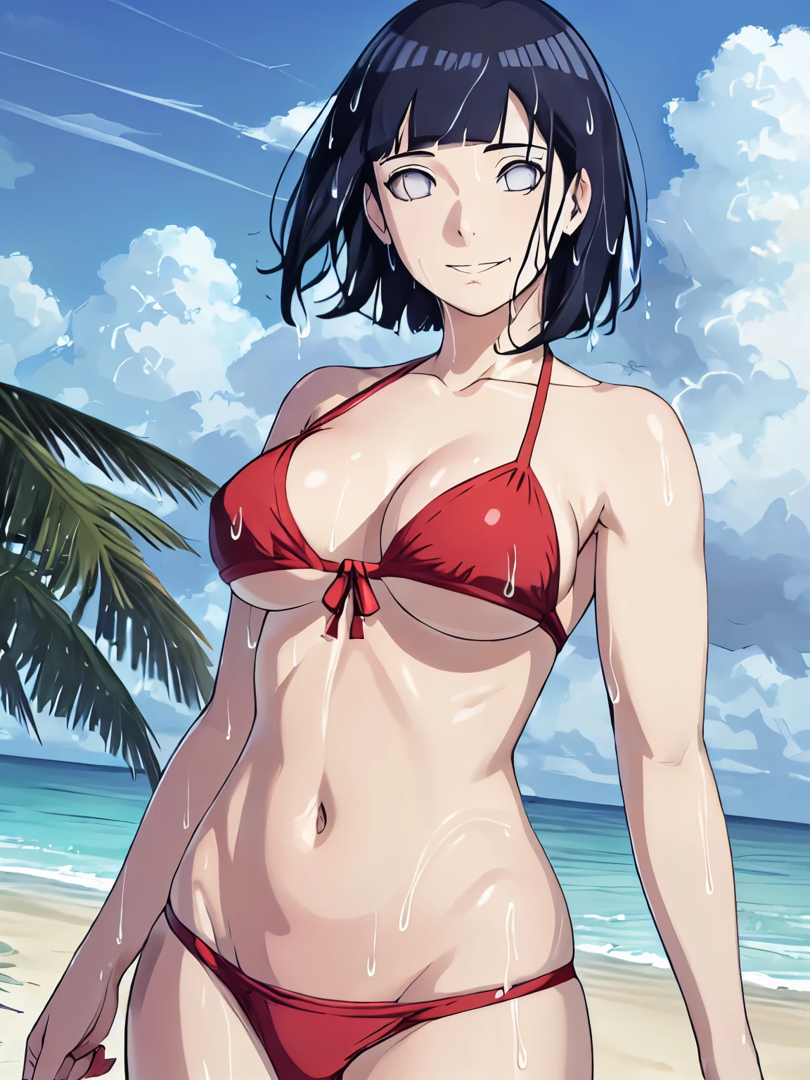 (hinata\(boruto\), (high quality:1.8), upper body:1.5, (curvy body:1.5), (detailed wet:1.4), (ultra detailed body:1.4), (one ARM UP:1.4), (beach:1.7), (anime, tall woman, cowboy shot, (defined biceps arms:1.2), ((red thong, bare arms, bare arms, bare shoulders)), (long belly:1.5), (topless:1.1), (wide shoulders, off-shoulders), smile), ((big breasts:1.0)) ,(cleavage:1.0), closed mouth), ((pale skin)). ((dark blue:1.3, short hair, hime cut، loose hair, floating hair, floating hair:1.0),