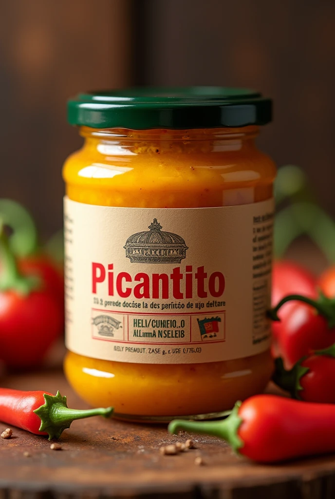 I want you to create a prototype of a product called Picantito, in a 250 gram glass jar, es una pasta of yellow chili dulce a base de 70% of yellow chili, 20% of limo chili and 10% of rocoto, Preferably the letters on the label should be in Spanish and a small part inside the label should say made in Peru with a small flag, that the texts are legible and the image of the chili is yellow, a hd 4k