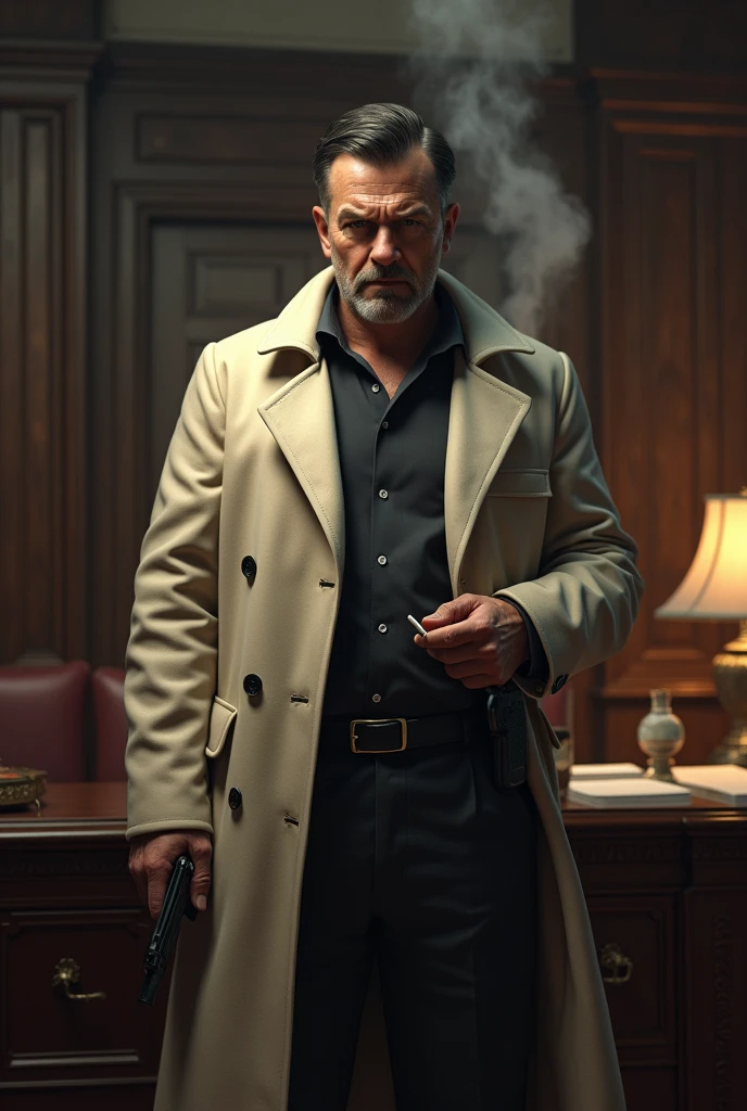 one  men, middle-age, Detective, with a glock pistol on his waist, wearing overcoat , smoking a cigarette, offwhite, 1 meter and 77 , in a tidy office, antique style, 
Bblack hair, and long,  bonitas