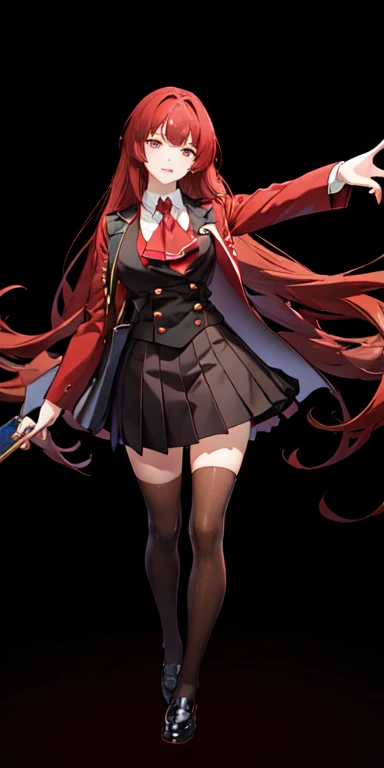 Jabami Yumeko from the anime Kakegurui, standing, looking at the camera with one hand on her chest and the other pointing at the camera, anime character, black background, ultra detailed, low angle, anime style, mappa studio, poker cards flying in facing the camera, school uniform outfit, red coat, white shirt, plaid skirt, black tights and brown shoes.