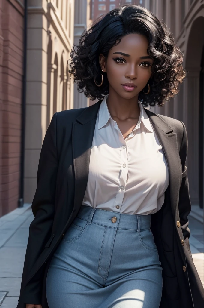 A beautiful transgender woman at her 30's , with black skin, medium short curly hair, wearing a colorfull but chic Harvard professor outfit in a university yard, beautiful detailed eyes, beautiful detailed lips, extremely detailed face, longeyelashes, elegant figure, (best quality,4k,8k,highres,masterpiece:1.2),ultra-detailed,(realistic,photorealistic,photo-realistic:1.37),dramatic lighting,cinematic,professsional,vibrant colors,elegant,academic,university,harvard