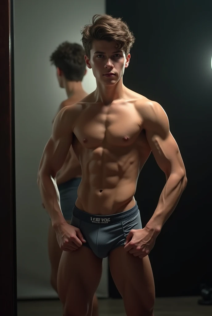 muscular young teenager,detailed abs,detailed arms,detailed legs,detailed obliques,posing in front of mirror,boxer shorts,realistic,photorealistic,photo-realistic:1.37,best quality,4k,8k,highres,masterpiece:1.2,ultra-detailed,studio lighting,extreme detail description,professional,vivid colors,physically-based rendering