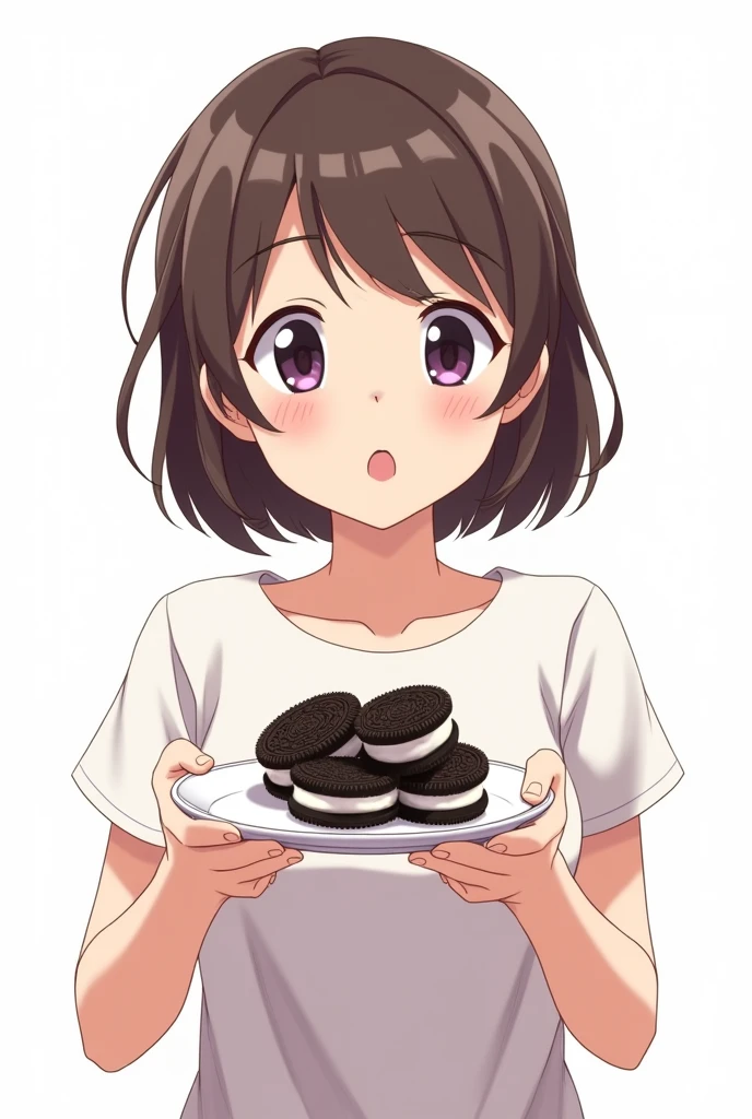 Woman holding a plate with oreo sandwich anime white background