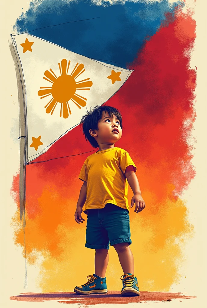 Create a simple drawn poster with the theme: Wikang Filipino: Wikang Mapagpalaya. Incorporate a Filipino kid and the Philippine flag