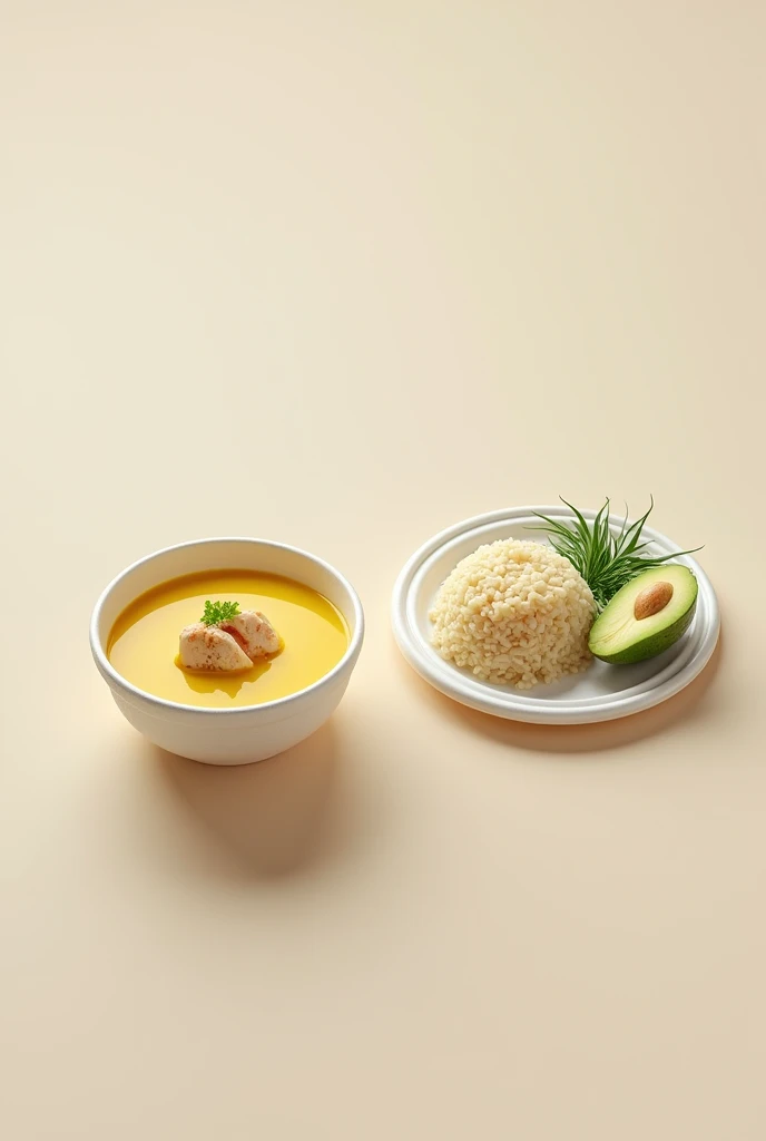 (photorealism:1.2), improve image with less portion of chicken deep white styrofoam plate with yellow soup with only a small portion of cooked but not browned chicken on top of the soup , Next to it a separate styrofoam plate with rice and a portion of avocado. There are two separate plates, one with the soup and the other with the rice and the piece of avocado.