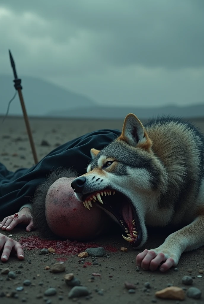 odin dead while a wolf eats his remains 