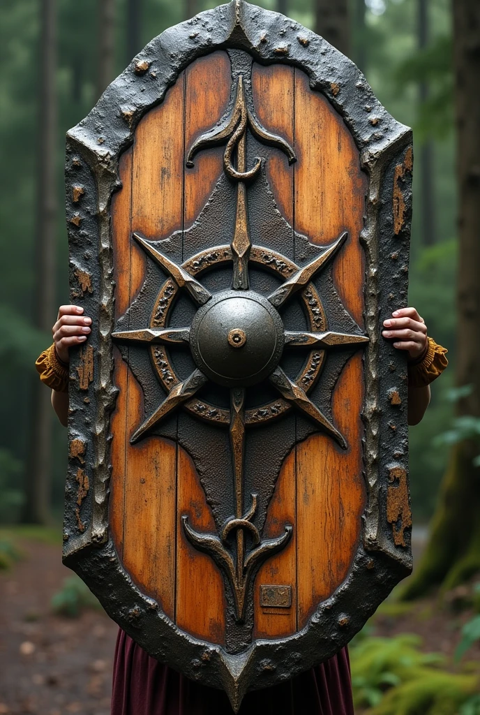 
Create a rustic shield representing rubber, strength power and femininity 