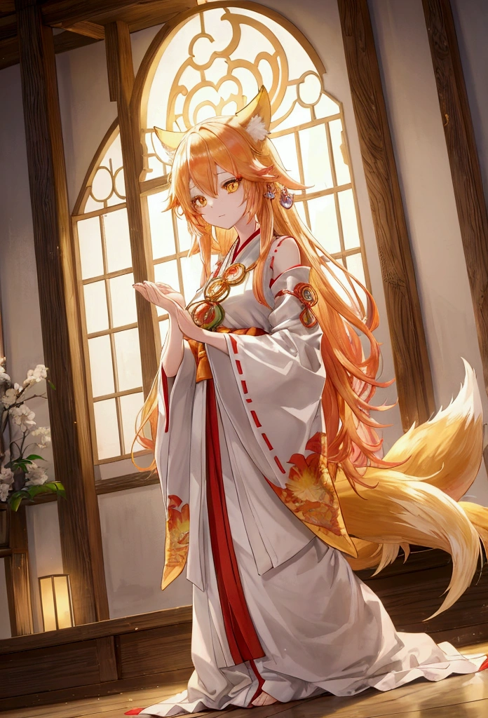 masterpiece, best quality, Anime ,HDR , a Golden Nine tailed Fox Woman Standing and Praying with bright yellow Star eyes Surround by light:1.2) Multi Colored Hair , miko cloth