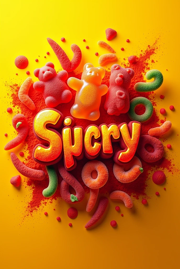 A fun and vibrant logo design for a spicy candy brand, featuring gummy candies covered in chili powder. The logo should include colorful gummy shapes like bears, worms, and rings, all with a dusting of red chili powder. The background is bright and festive with splashes of yellow and orange, evoking a sense of heat and spice. The brand name is written in bold, playful lettering with a fiery effect, emphasizing the spicy flavor of the candies. The overall design is energetic and eye-catching, appealing to a youthful audience.

