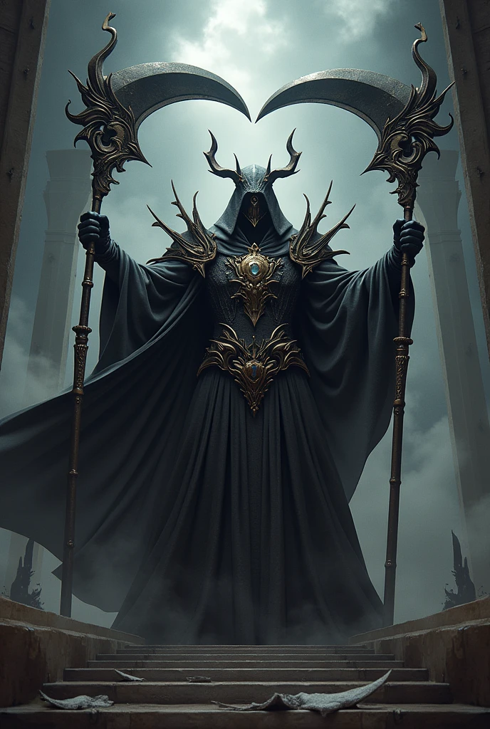 Make a realistic guild banner full of details with two death scythes with the overlord holding it and the name 11 Preceitoz written on it