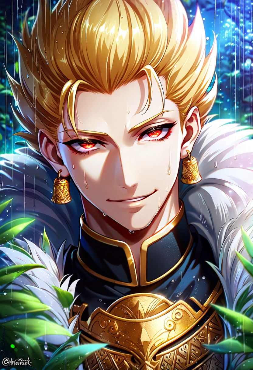 absurdres, highres, ultra detailed, HDR, master piece, best quality, extremely detailed, detailed eyes, detailed face, Gilgamesh, blonde hair, hair slicked up, ruffled hair, golden earrings, expressive red eyes, Fate Stay Night, solo, sexy man, handsome, horny, lewd, smirk, wet, white coat with fur, his black shirt can be seen through, spring, flowers, green leaves, magical forest, dark fantasy, rain, night