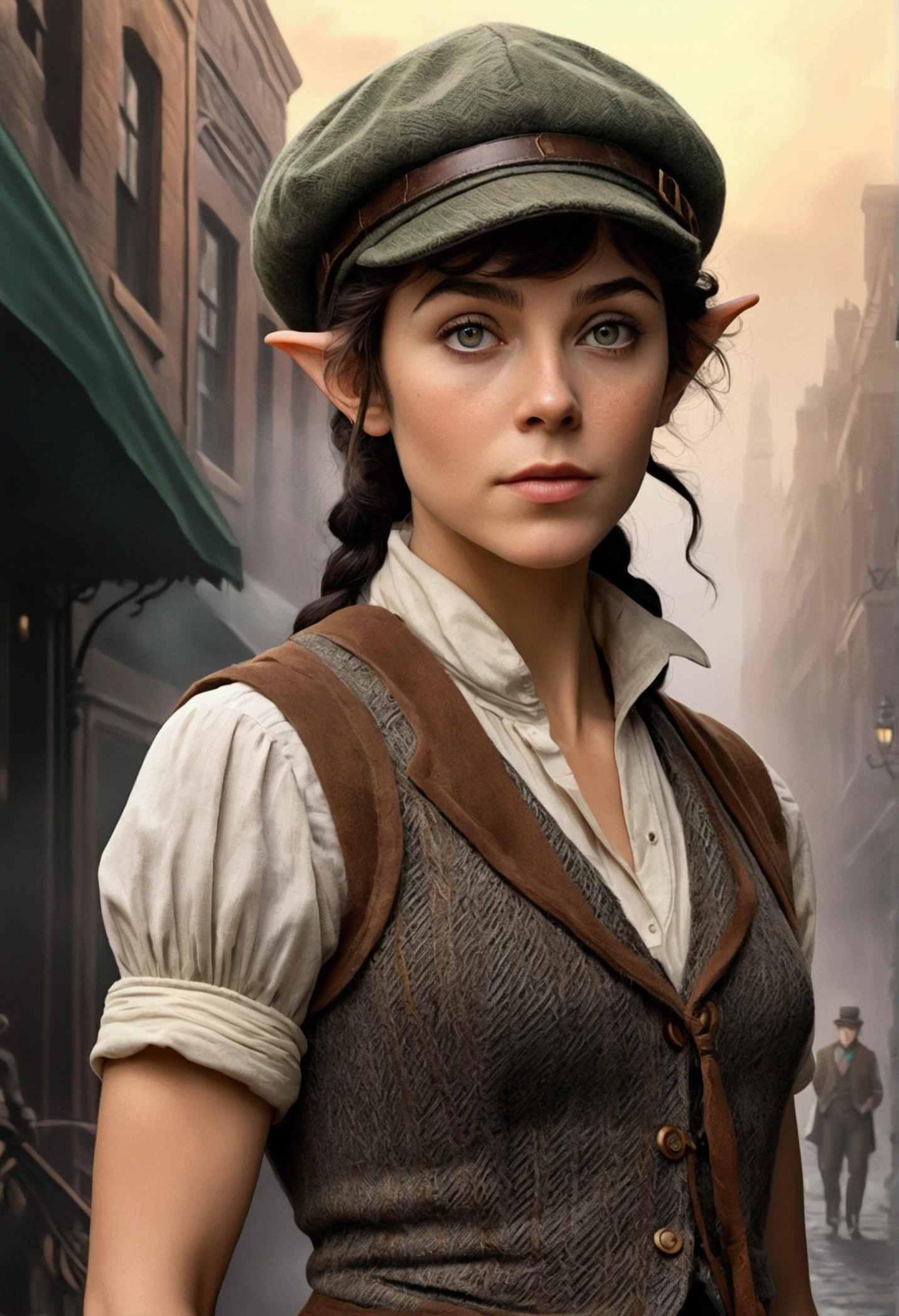 An illustrated movie poster, hand-drawn, full color, an elven maiden, wearing a tweed vest and a newsie cap, tall, toned, amazonian stature, athletic hourglass figure, long pointy elf ears, Jade eyes, dark hair, shaggy bob cut, deep sun-tanned skintone, freckles, standing on a foggy Victorian-era street corner, graphite shading, stencil marks, airbrushed acrylic paint, masterpiece, in the style of Sherlock Holmes, elf ears