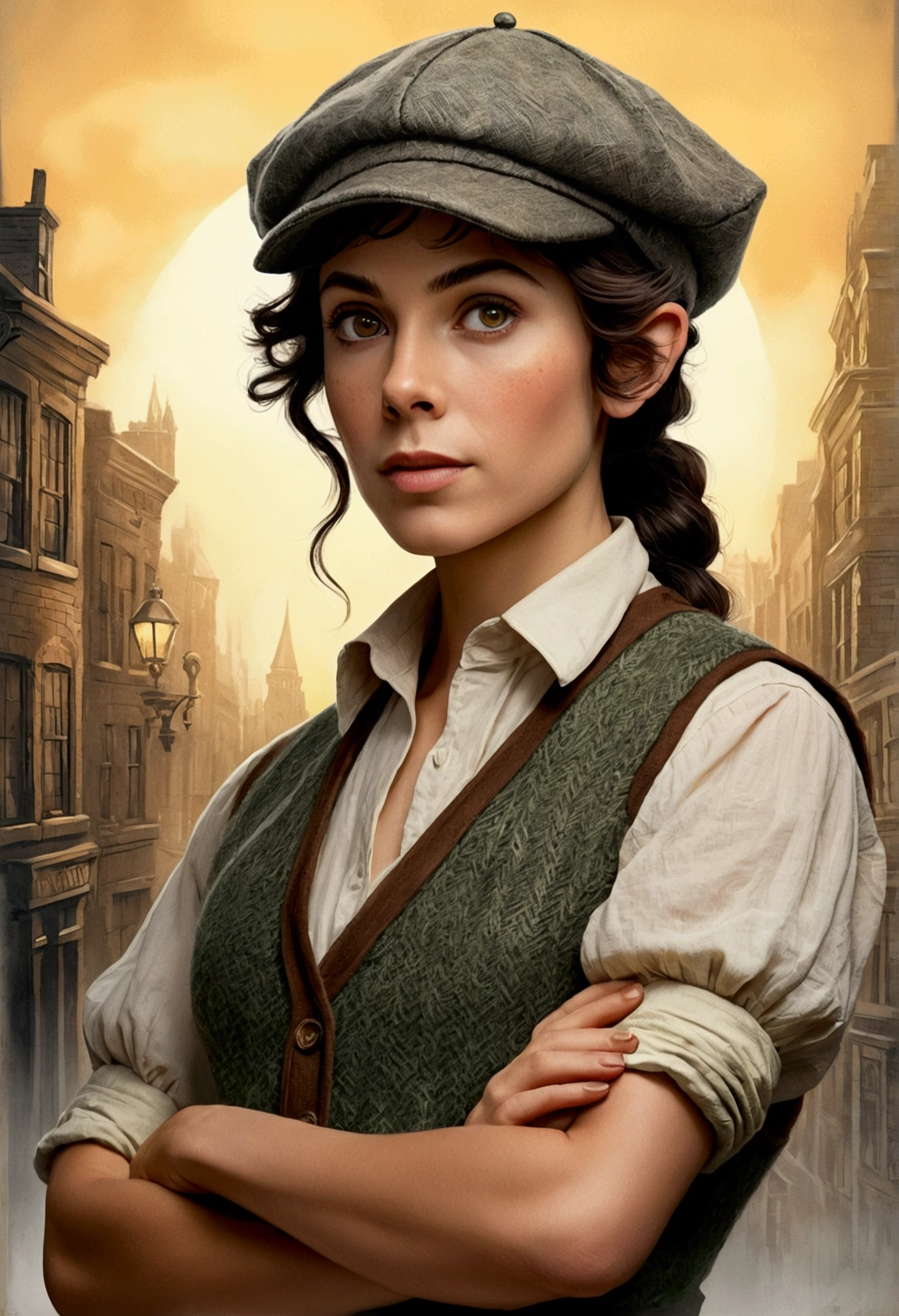 An illustrated movie poster, hand-drawn, full color, an elven maiden, wearing a tweed vest and a newsie cap, tall, toned, amazonian stature, athletic hourglass figure, long pointy elf ears, Jade eyes, dark hair, shaggy bob cut, deep sun-tanned skintone, freckles, standing on a foggy Victorian-era street corner, graphite shading, stencil marks, airbrushed acrylic paint, masterpiece, in the style of Sherlock Holmes, elf ears
