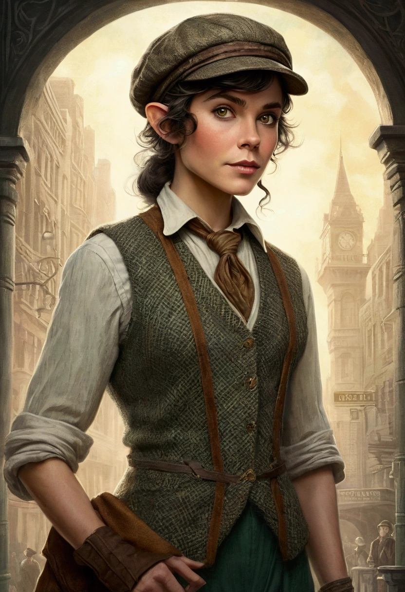 An illustrated movie poster, hand-drawn, full color, an elven maiden, wearing a tweed vest and a newsie cap, tall, toned, amazonian stature, athletic hourglass figure, long pointy elf ears, Jade eyes, dark hair, shaggy bob cut, deep sun-tanned skintone, freckles, standing on a foggy Victorian-era street corner, graphite shading, stencil marks, airbrushed acrylic paint, masterpiece, in the style of Sherlock Holmes, elf ears