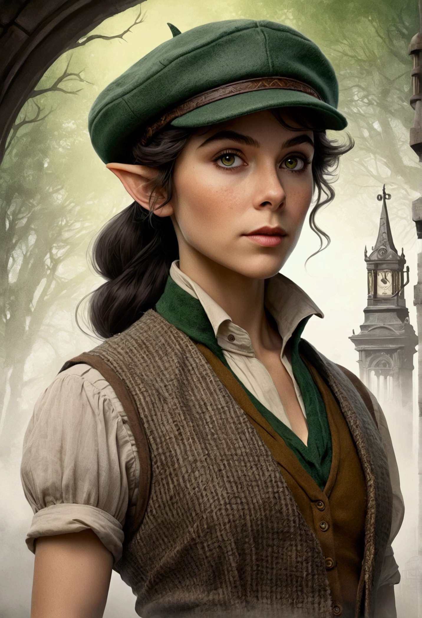 An illustrated movie poster, hand-drawn, full color, an elven maiden, wearing a tweed vest and a newsie cap, tall, toned, amazonian stature, athletic hourglass figure, long pointy elf ears, Jade eyes, dark hair, shaggy bob cut, deep sun-tanned skintone, freckles, standing on a foggy Victorian-era street corner, graphite shading, stencil marks, airbrushed acrylic paint, masterpiece, in the style of Sherlock Holmes, elf ears
