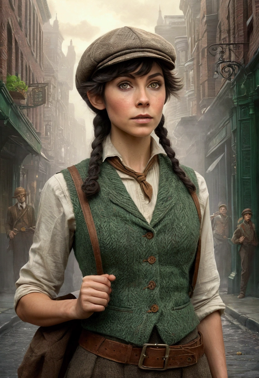 An illustrated movie poster, hand-drawn, full color, an elven maiden, wearing a tweed vest and a newsie cap, tall, toned, amazonian stature, athletic hourglass figure, long pointy elf ears, Jade eyes, dark hair, shaggy bob cut, deep sun-tanned skintone, freckles, standing on a foggy Victorian-era street corner, graphite shading, stencil marks, airbrushed acrylic paint, masterpiece, in the style of Sherlock Holmes, elf ears