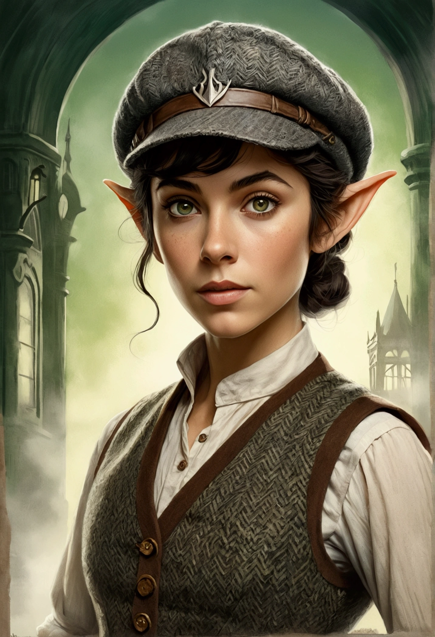 An illustrated movie poster, hand-drawn, full color, an elven maiden, wearing a tweed vest and a newsie cap, tall, toned, amazonian stature, athletic hourglass figure, long pointy elf ears, Jade eyes, dark hair, shaggy bob cut, deep sun-tanned skintone, freckles, standing on a foggy Victorian-era street corner, graphite shading, stencil marks, airbrushed acrylic paint, masterpiece, in the style of Sherlock Holmes, elf ears