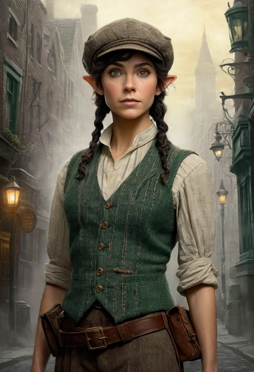 An illustrated movie poster, hand-drawn, full color, an elven maiden, wearing a tweed vest and a newsie cap, tall, toned, amazonian stature, athletic hourglass figure, long pointy elf ears, Jade eyes, dark hair, shaggy bob cut, deep sun-tanned skintone, freckles, standing on a foggy Victorian-era street corner, graphite shading, stencil marks, airbrushed acrylic paint, masterpiece, in the style of Sherlock Holmes, elf ears