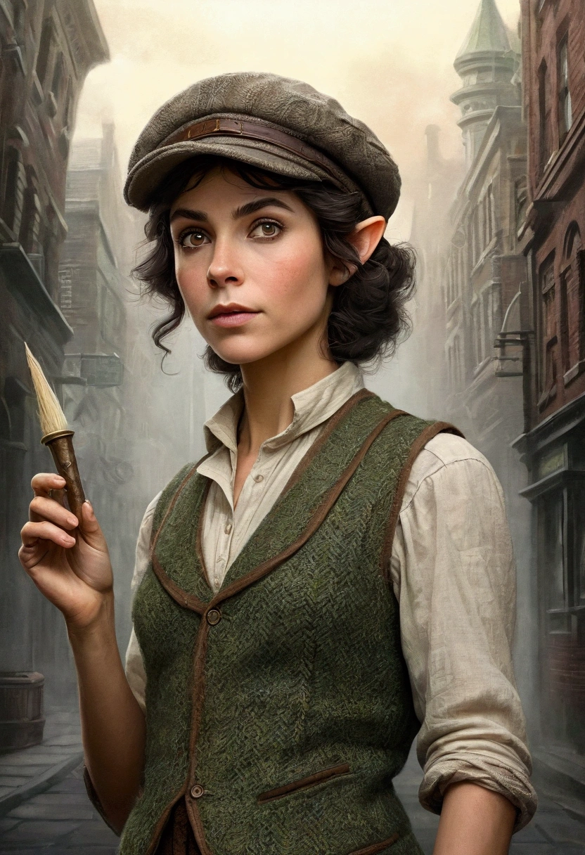 An illustrated movie poster, hand-drawn, full color, an elven maiden, wearing a tweed vest and a newsie cap, tall, toned, amazonian stature, athletic hourglass figure, long pointy elf ears, Jade eyes, dark hair, shaggy bob cut, deep sun-tanned skintone, freckles, standing on a foggy Victorian-era street corner, graphite shading, stencil marks, airbrushed acrylic paint, masterpiece, in the style of Sherlock Holmes, elf ears